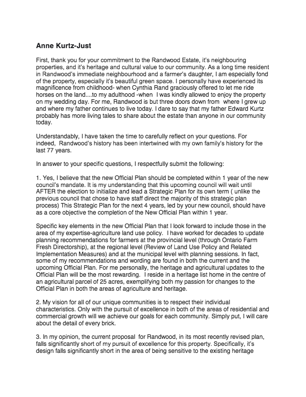 Anne Kurtz-Just is a candidate for Council in the upcoming NOTL election who provided responses to SORE’s 7 questions.