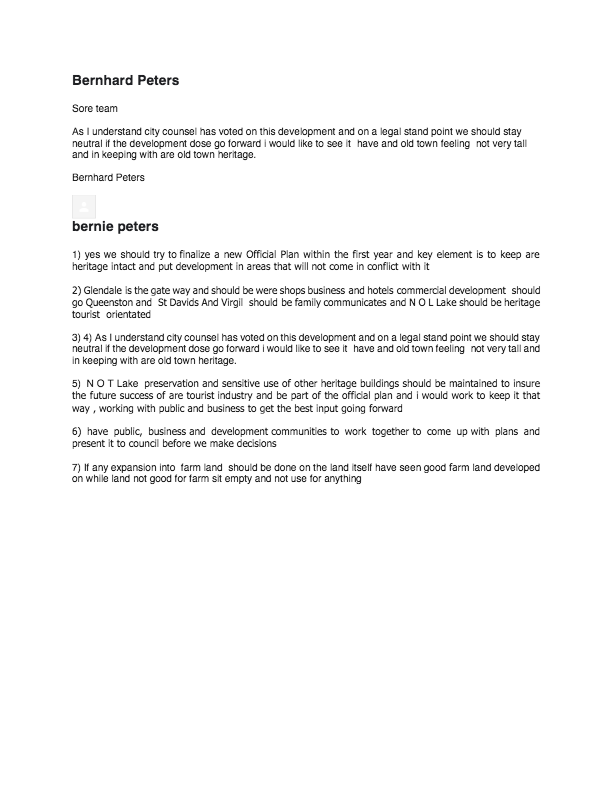 Bernhard Peters is a candidate for Council in the upcoming NOTL election who provided responses to SORE’s 7 questions.