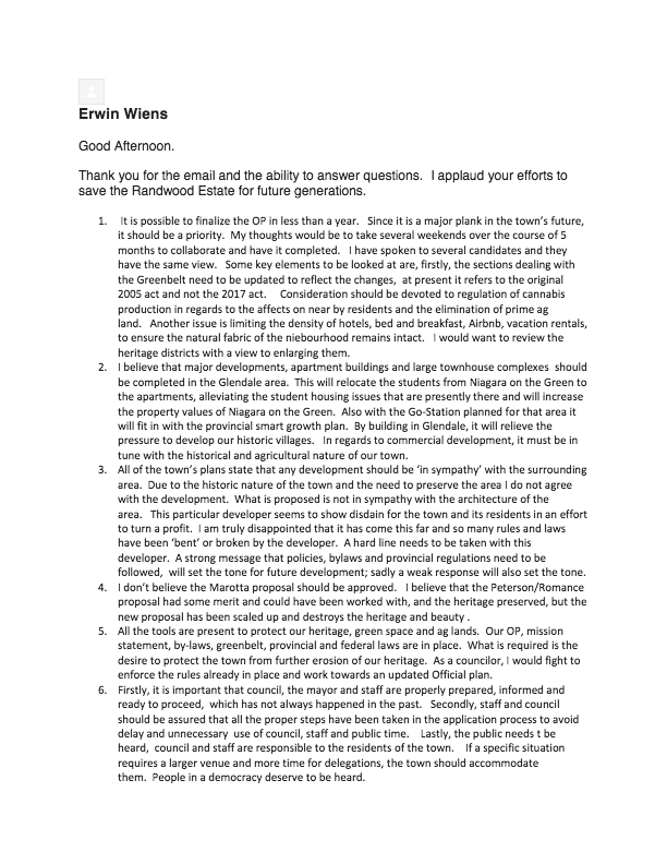 Erwin Wiens is a candidate for Council in the upcoming NOTL election who provided responses to SORE’s 7 questions.