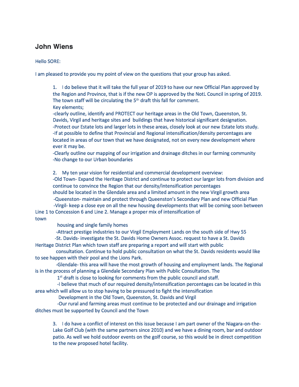 John Wiens is a candidate for Council in the upcoming NOTL election who provided responses to SORE’s 7 questions.