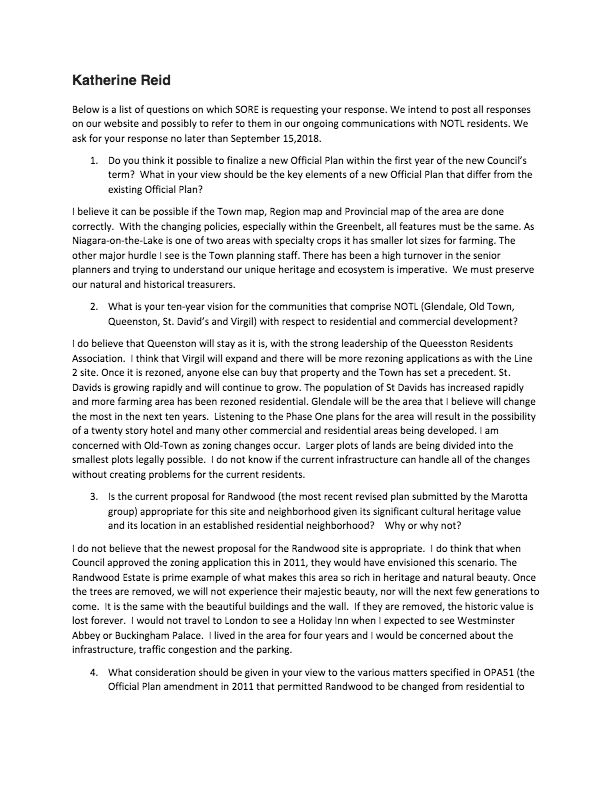 Katherine Reid is a candidate for Council in the upcoming NOTL election who provided responses to SORE’s 7 questions.