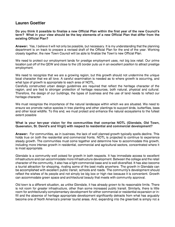 Lauren Goettler is a candidate for Council in the upcoming NOTL election who provided responses to SORE’s 7 questions.