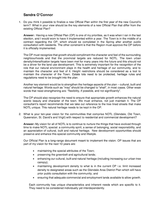 Sandra O'Connor is a candidate for Council in the upcoming NOTL election who provided responses to SORE’s 7 questions.