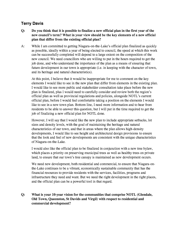 Terry Davis is a candidate for Council in the upcoming NOTL election who provided responses to SORE’s 7 questions.