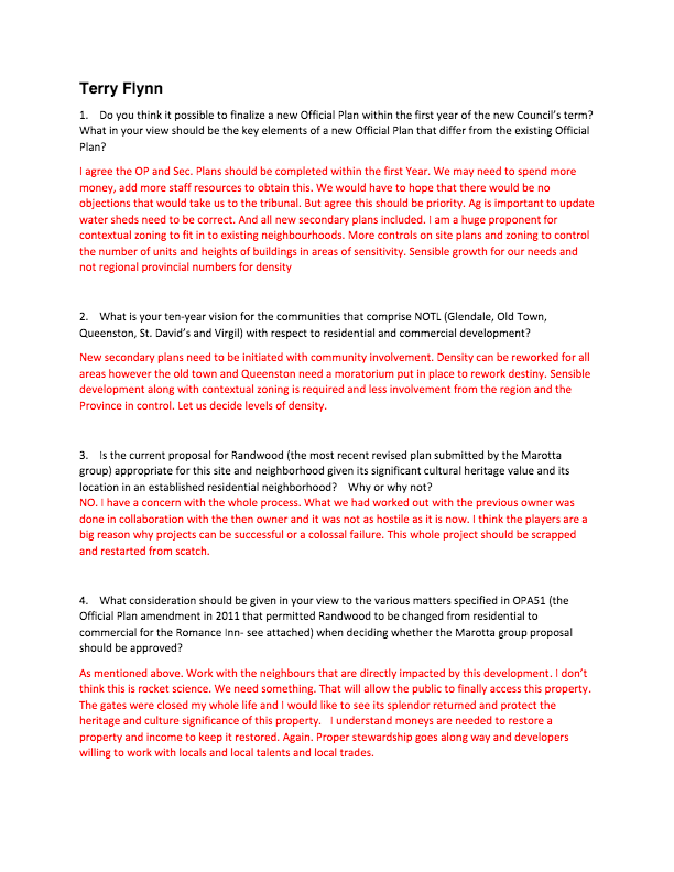Terry Flynn is a candidate for Council in the upcoming NOTL election who provided responses to SORE’s 7 questions.