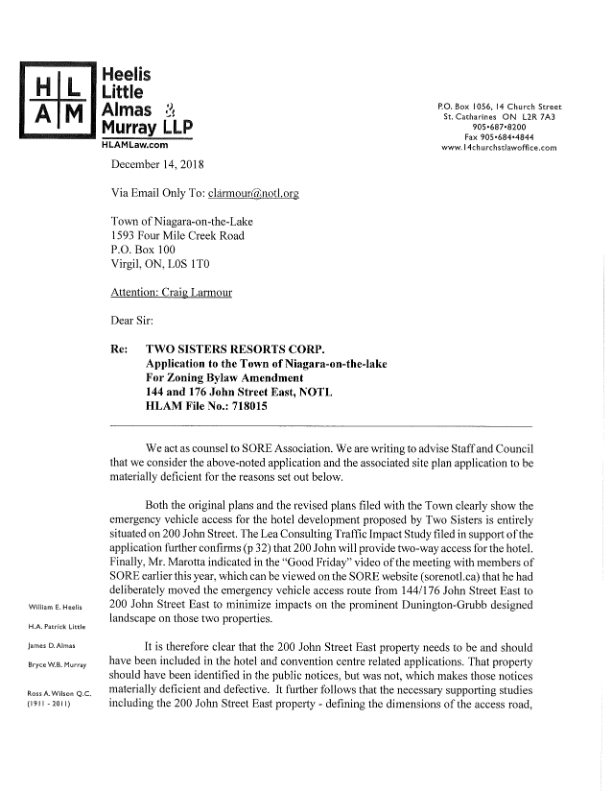 SORE counsel Pat Little letter to Town staff and Council requesting that the Town reject the Marotta hotel and convention centre application as incomplete.