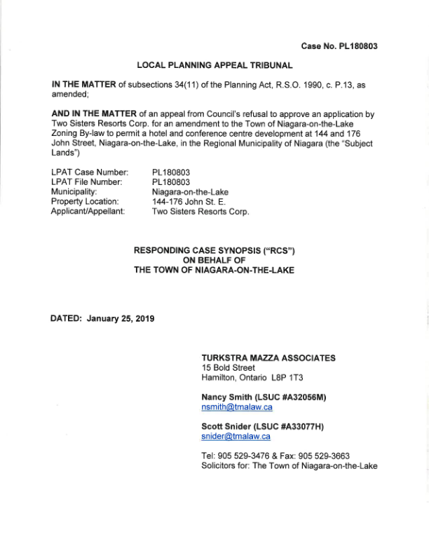 Responding Case Synopsis - The Town of Niagara-on-the Lake