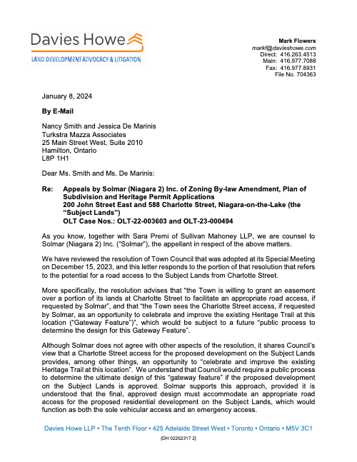 Letter from M Flowers to N Smith and J De Marinis re Request for Easement for Charlotte Street Access - January 8 2024