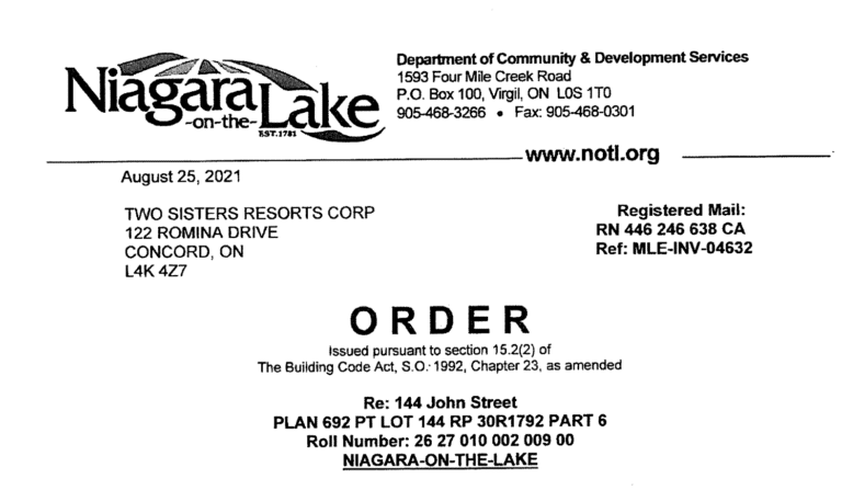 NOTL order re 144 John St