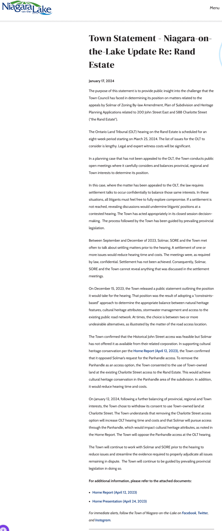 Town provides statement on Marotta Rand subdivision application